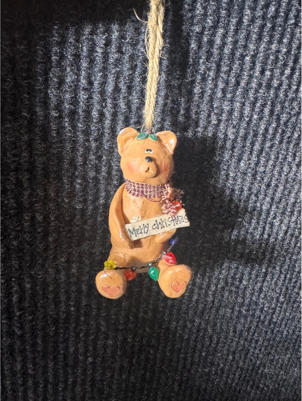 Handcrafted Bear Christmas Ornament with Lights and Scarf